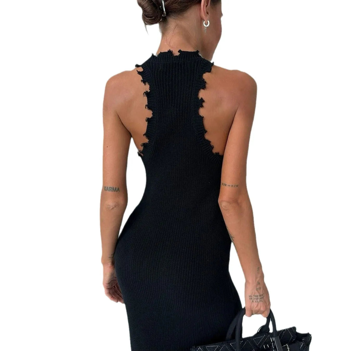 Frayed Hem Slim Fit I-shaped Vest Knitted Dress - Bellarte Enchanté Frayed Hem Slim Fit I-shaped Vest Knitted Dress